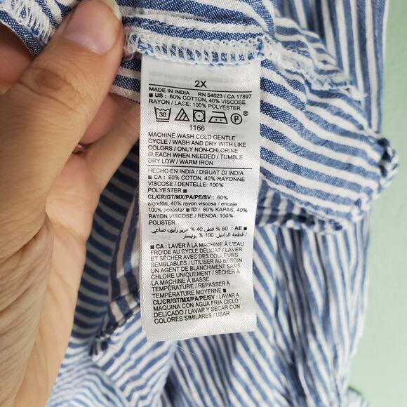 Old Navy Womens Blue Striped Crochet-Lace Trim Button-Front LS Blouse Size 2X - Picture 5 of 6